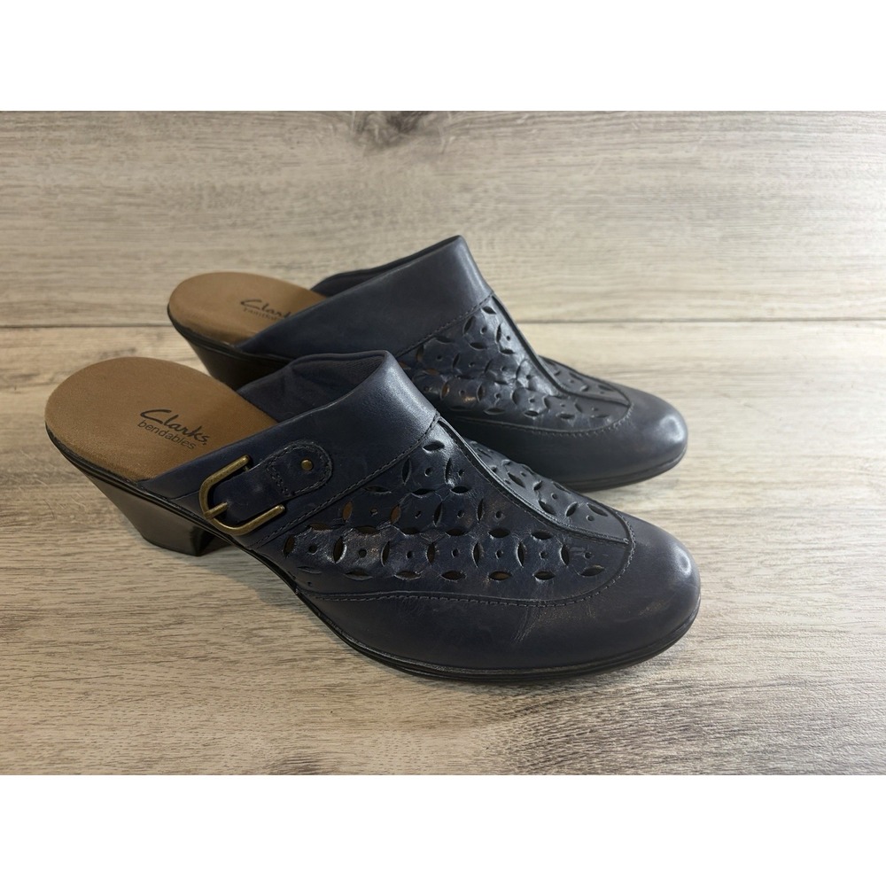 Clarks Bendables Laser-Cut Leather Clog Womens 10 Side Buckle Leather 2.75" Heel